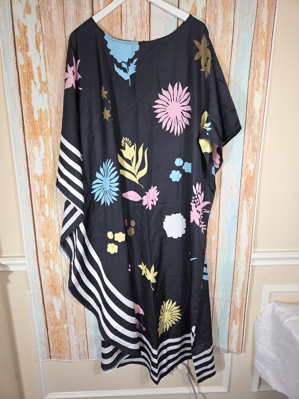 Tamsy Asymmetrical Floral Black Maxi Kaftan w/Multicolor Blooms Mumu Coverup. OS